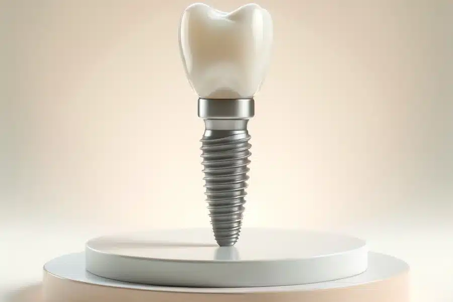 3D illustration of dental implants on beige background