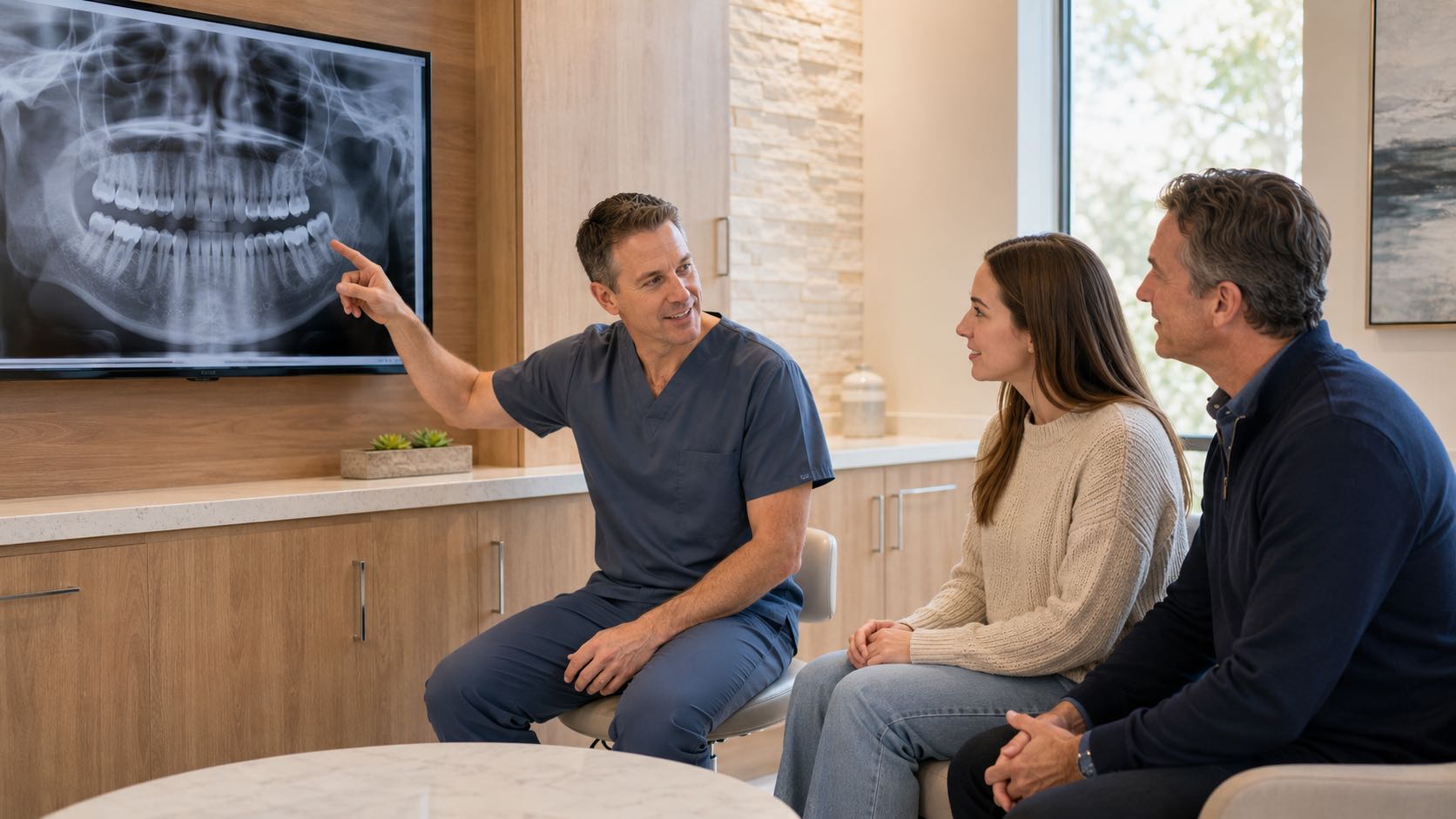 Dentist explaining x-ray to patients in clinic