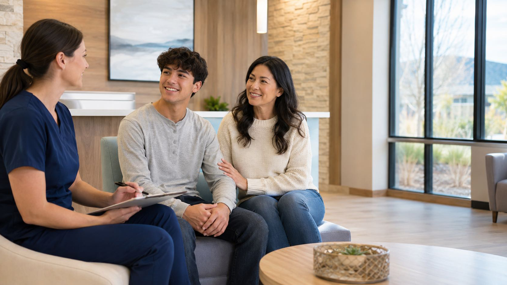Nurse consulting with young couple in modern clinic