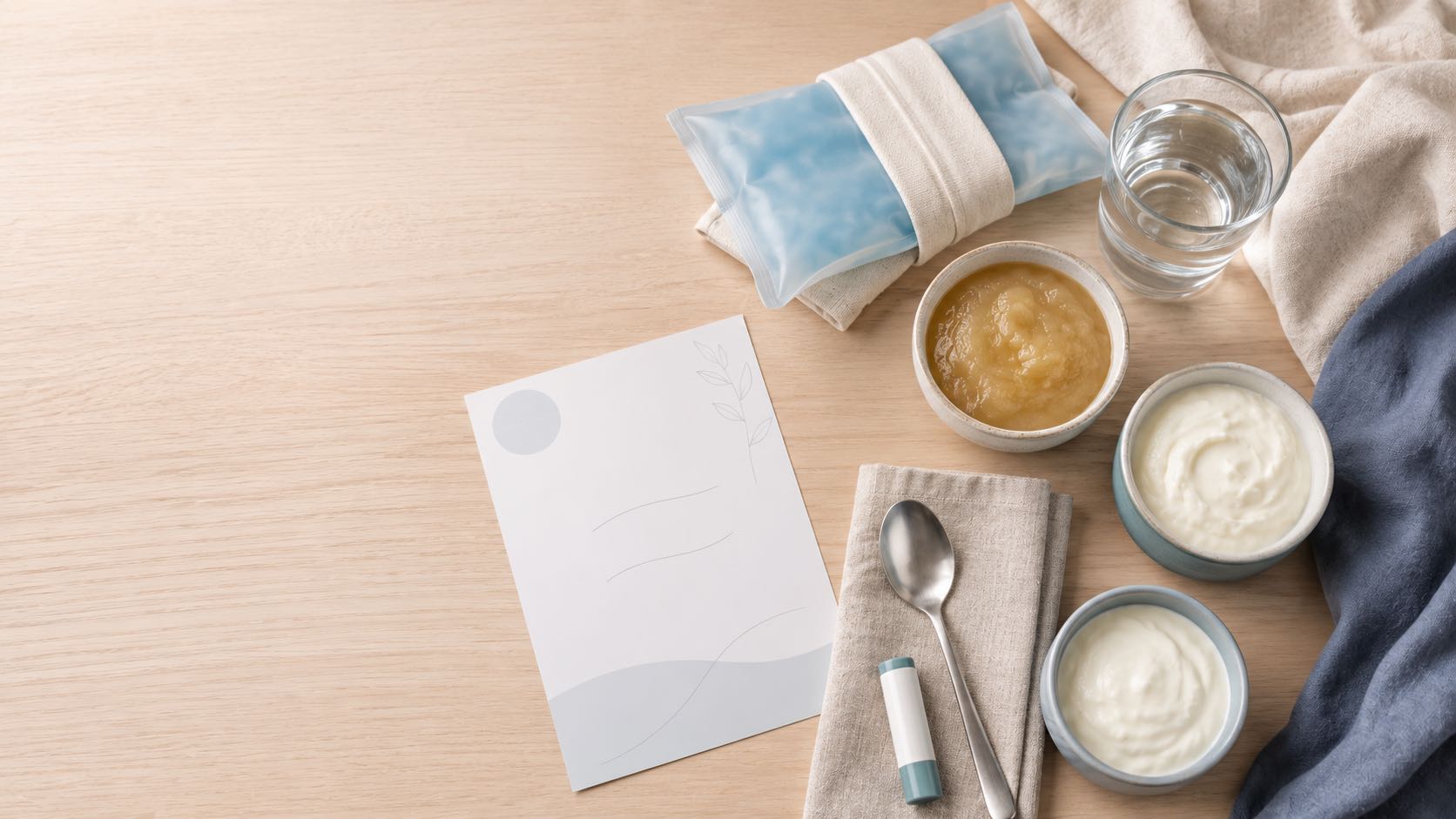 Skin care products and hydrating snacks on wooden table.